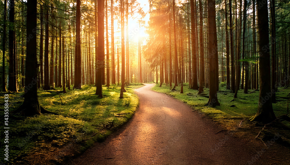 Fototapeta premium serene woodland scene featuring winding pathway illuminated by ethereal sunlight filtering through tall trees, creating magical atmosphere