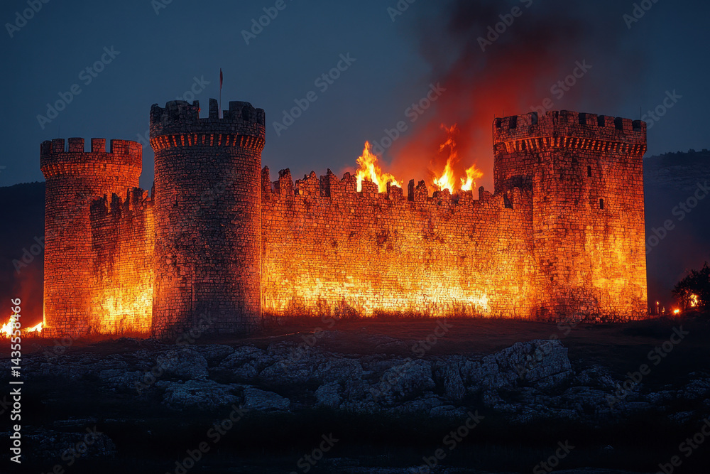 Fototapeta premium Castle engulfed in flames, dark smoke billowing, intense orange-red fire consuming its walls under a dramatic twilight sky.