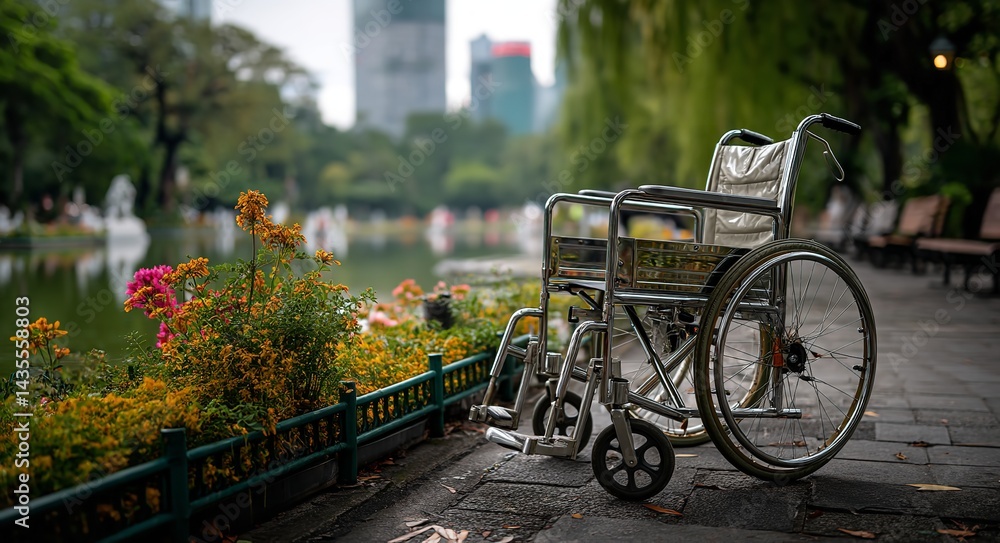 Fototapeta premium Empty Wheelchair Parked on Ramp with Green Park Background and Urban Landscape, Featuring Trees and Flowers for Accessibility Concept