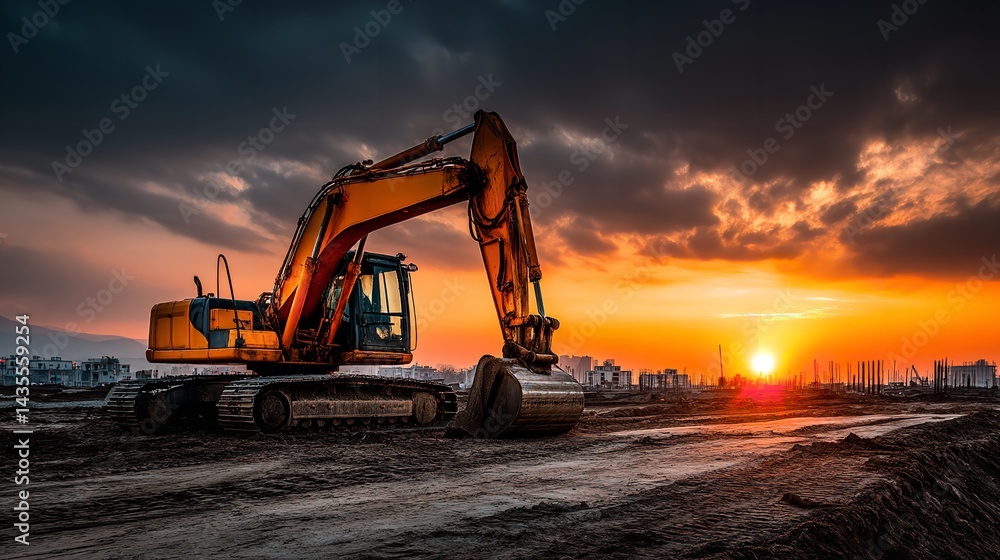 Excavator Digging House Foundation at Sunset – Construction Site Landscape for Real Estate Development and Web Banners in Shrune Style Excavator Digging House Foundation at Sunset – Construction Site Landscape for Real Estate Development and Web Banners in Shrune Style