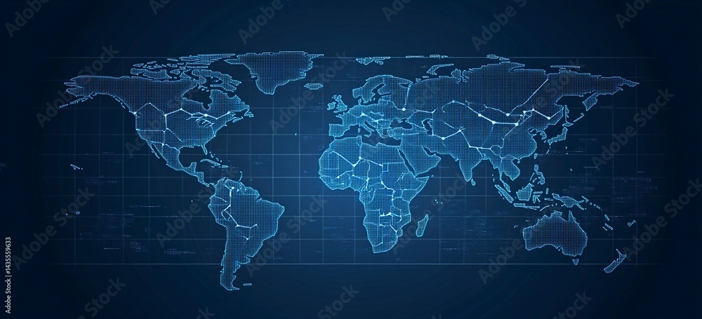 Fototapeta premium Abstract blue background with a world map and global network connection, a technology wallpaper for business or internet concept design. Vector illustration of a planet Earth globe with a polygonal