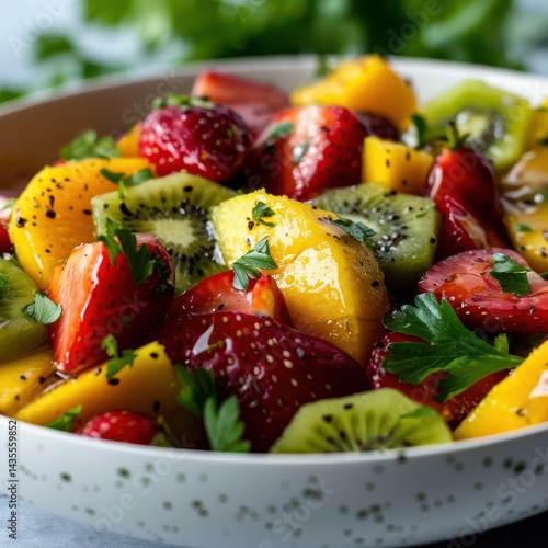 Vibrant fruit salad mix of mango, kiwi, and strawberries.