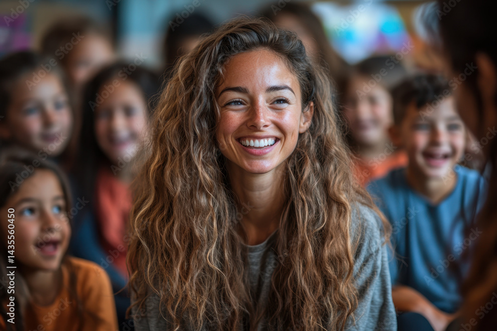 Smiling girl stands in front of children, all with fascinated expressions. Smiling girl stands in front of children, all with fascinated expressions.