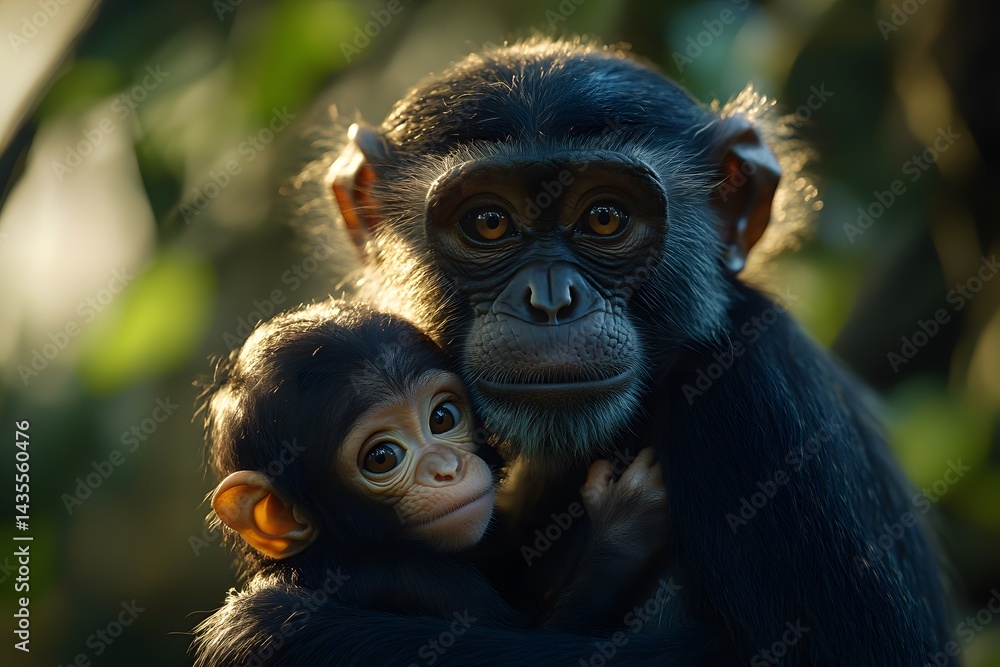 Fototapeta premium A chimpanzee mother lovingly embraces her baby in a close up shot with a blurry green background