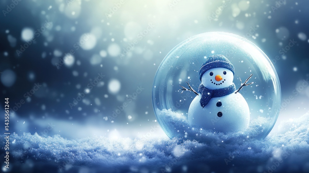 Obraz premium enchanting snow globe scene with a cheerful snowman wearing a knitted hat and scarf nestled amidst a flurry of delicate snowflakes creating a whimsical winter dreamscape