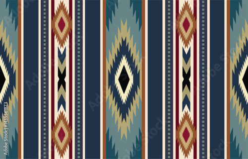 Ethnic tribal Aztec colorful blue stripe background. Seamless tribal pattern, folk embroidery, tradition geometric Aztec ornament. Traditional design for fabric, textile, print, rug, paper