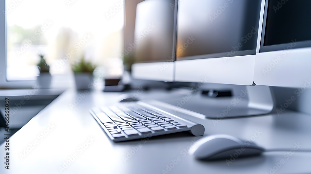 Modern Workplace Setup: Sleek Desk with iMacs, Keyboard, and Mouse Modern Workplace Setup: Sleek Desk with iMacs, Keyboard, and Mouse