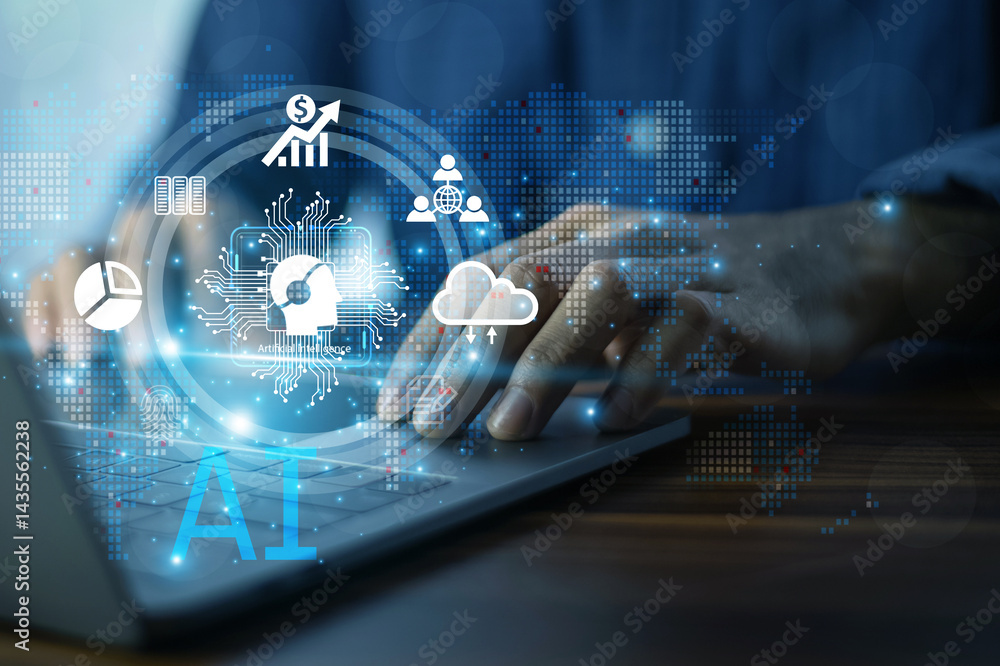 Businessman uses AI technology to support business growth by improving decision-making, automating processes, and enhancing overall operational efficiency
