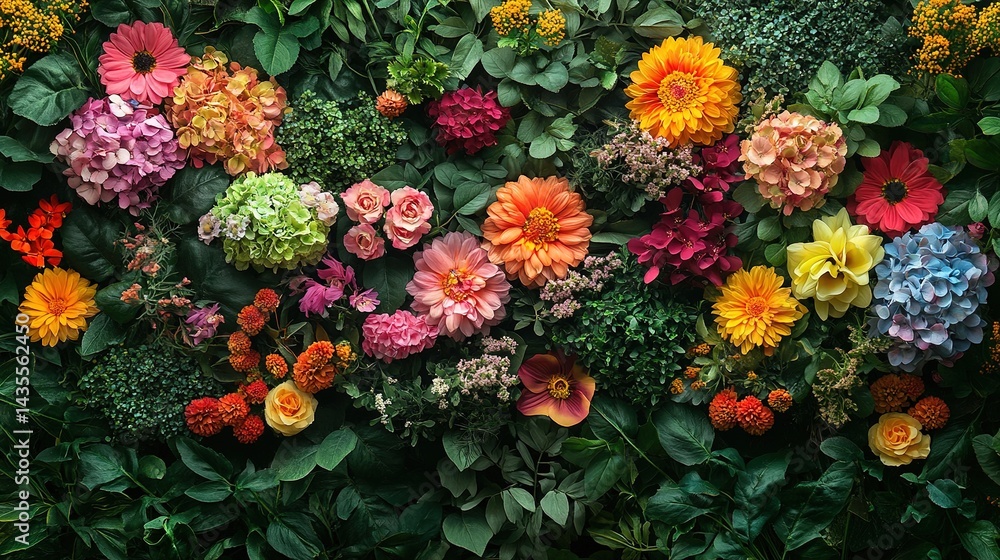 Vibrant floral wall art arrangement. A stunning display of colorful flowers and greenery. Intricate detail in every bloom Vibrant floral wall art arrangement. A stunning display of colorful flowers and greenery. Intricate detail in every bloom