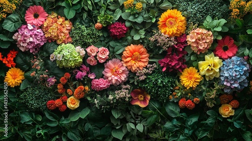 Vibrant floral wall art arrangement.  A stunning display of colorful flowers and greenery.  Intricate detail in every bloom