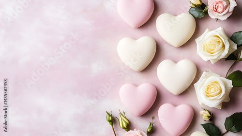 Pink hearts with roses, and pastel background.