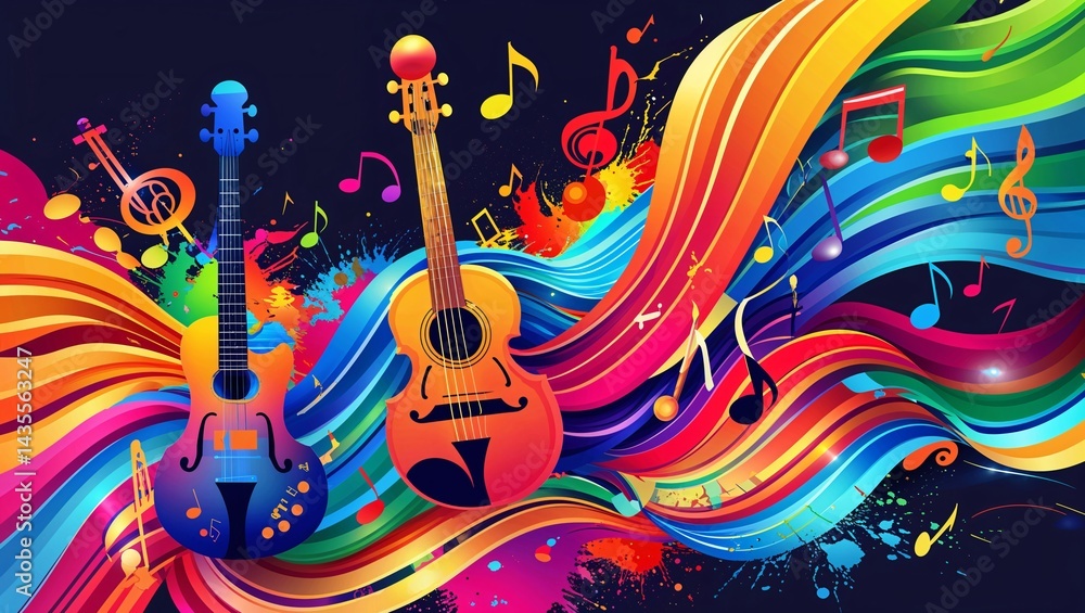 Musical instruments with flowing ribbons of sound, diverse genres blending together, bright, colorful, and vibrant splashes of energy, celebratory World Music Day poster design with clear space for te Musical instruments with flowing ribbons of sound, diverse genres blending together, bright, colorful, and vibrant splashes of energy, celebratory World Music Day poster design with clear space for te