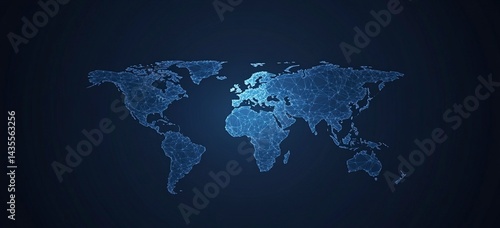 Fototapeta Naklejka Na Ścianę i Meble -  Abstract blue background with a world map and global network connection, a technology wallpaper for business or internet concept design. Vector illustration of a planet Earth globe with a polygonal