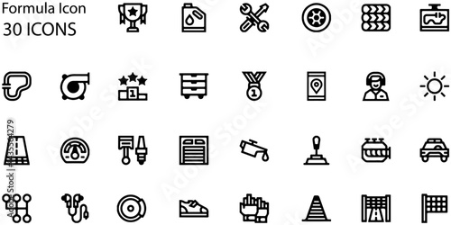 Formula Icon Set . Racing, Car, Track, Engine, Vector Line Icons for Motorsports.