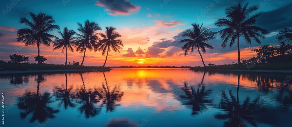 Tropical sunset reflecting on calm water, palm trees silhouette, idyllic beach scene, travel Tropical sunset reflecting on calm water, palm trees silhouette, idyllic beach scene, travel