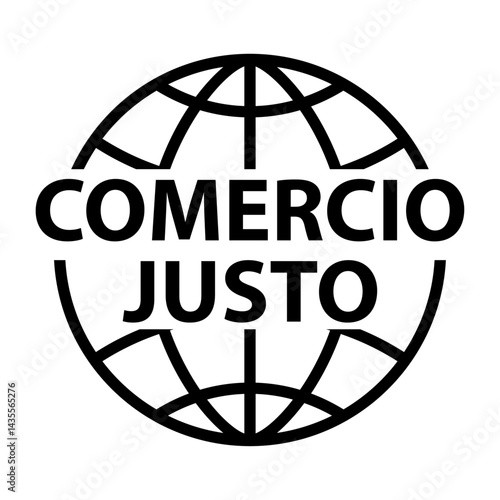 Logo con texto Comercio Justo en español en globo terráqueo con líneas 