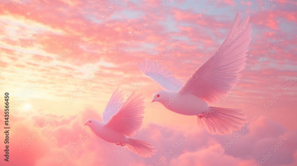 Obraz premium Adorable white spirits flying through a soft, pastel sunset sky, their wings glowing with a faint light 