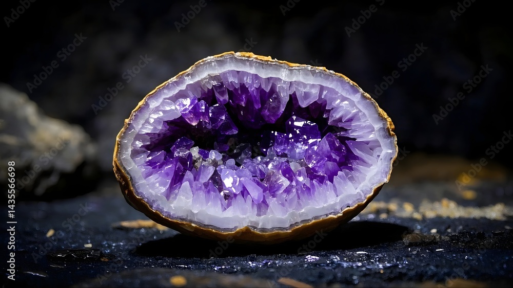 A large purple crystal sits on a dark surface. The crystal is surrounded by a few rocks, giving it a sense of isolation and mystery A large purple crystal sits on a dark surface. The crystal is surrounded by a few rocks, giving it a sense of isolation and mystery