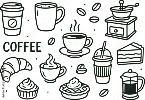 Collection of coffee related items including cups, cakes, and pastries