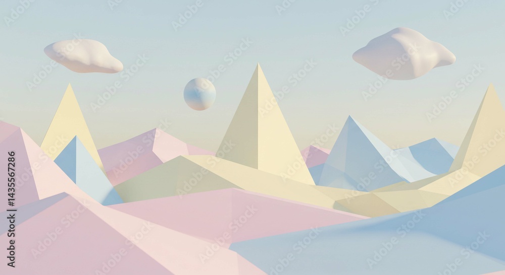 Pastel Geometric Landscape Abstract 3D Render of Calm Minimalist Mountains Clouds and Sphere