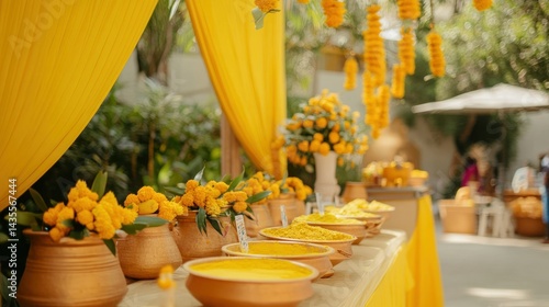 Indian wedding haldi setup with turmeric bowls, mango leaves, and yellow decor
