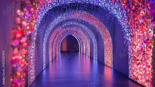 Indian wedding walkway with arches of flowers and LED panels