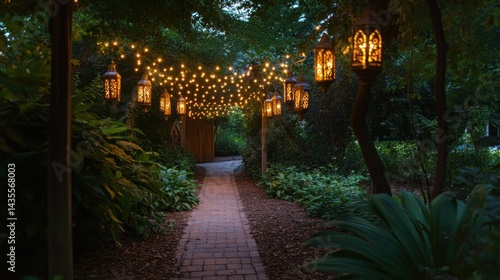 Outdoor Indian wedding walkway with fairy lights and hanging lanterns