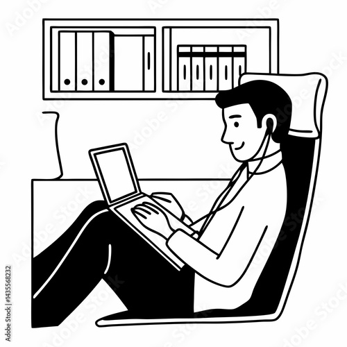 Portrait of handsome young indian man using laptop and earphone at home office