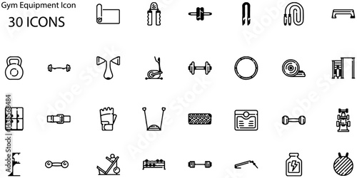 Vector Gym Equipment Icons Set.30 Minimalist Fitness Symbols for Workout Designs.