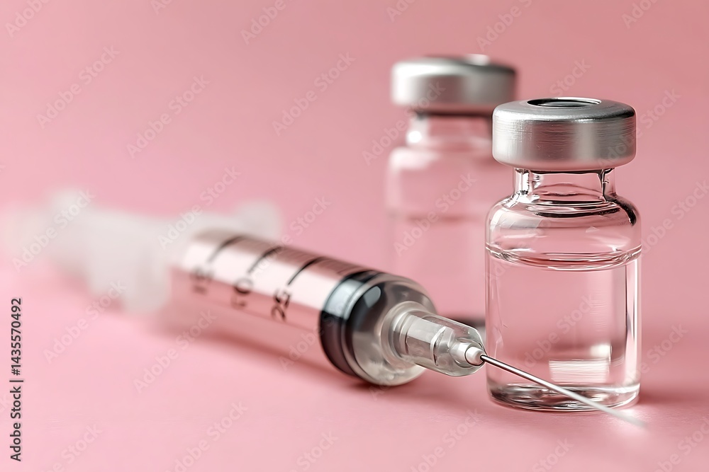 Vaccine vials and syringe on pink background healthcare medical injection immunization treatment dose Vaccine vials and syringe on pink background healthcare medical injection immunization treatment dose