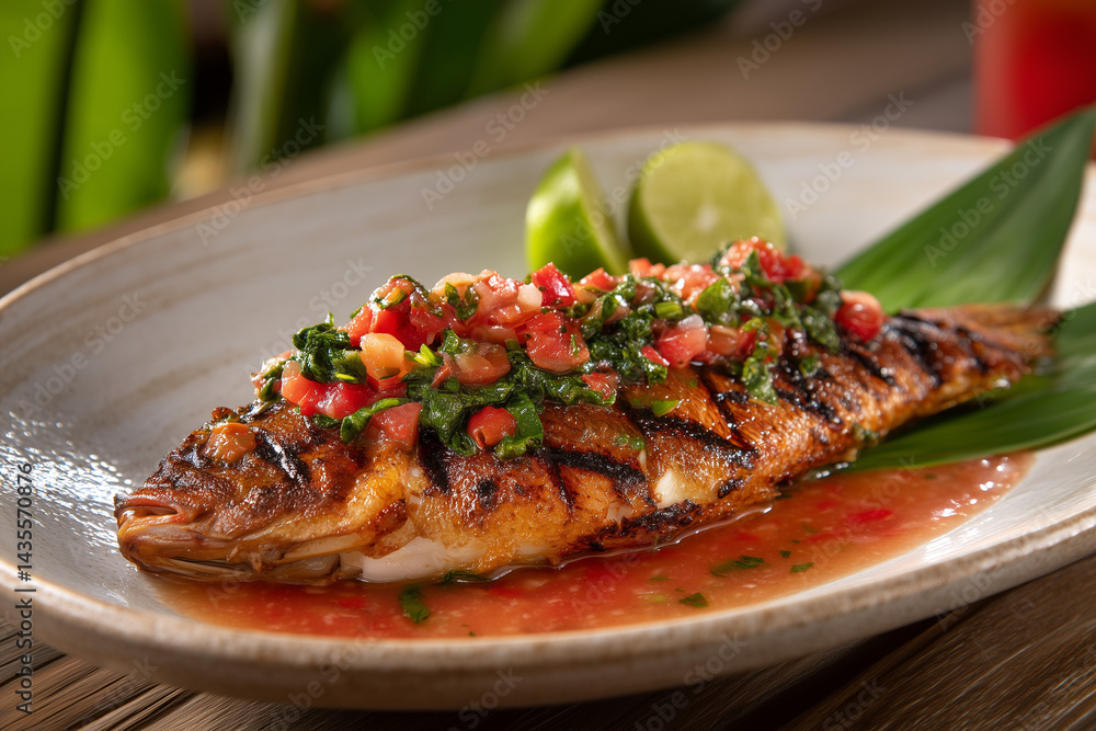 Grilled Whole Red Snapper Topped with Tomato-Herb Salsa and Lime Wedges on Banana Leaf – Authentic Creole Pwason Griye Caribbean Fish Dish Grilled Whole Red Snapper Topped with Tomato-Herb Salsa and Lime Wedges on Banana Leaf – Authentic Creole Pwason Griye Caribbean Fish Dish