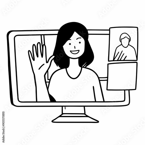 Smiling young woman show gesture say hello chat online conference