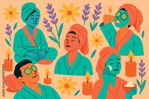 Drawing of people in robes with flowers and candles