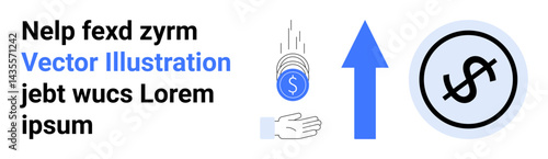 Falling coins toward a hand, upward arrow indicating progress, and a dollar symbol conveying financial success. Ideal for investment, finance, savings, economy, growth, profit and a simple landing