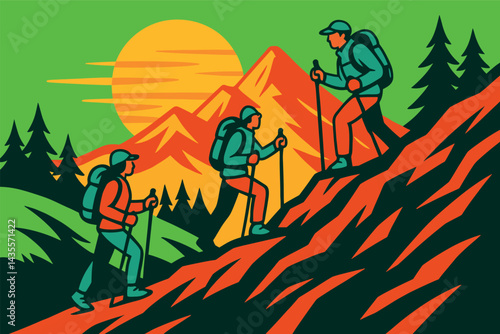 Three people are hiking up a mountain