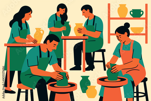 Group of people are making pottery in a studio