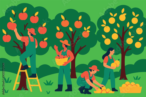 Group of people are picking fruit from trees