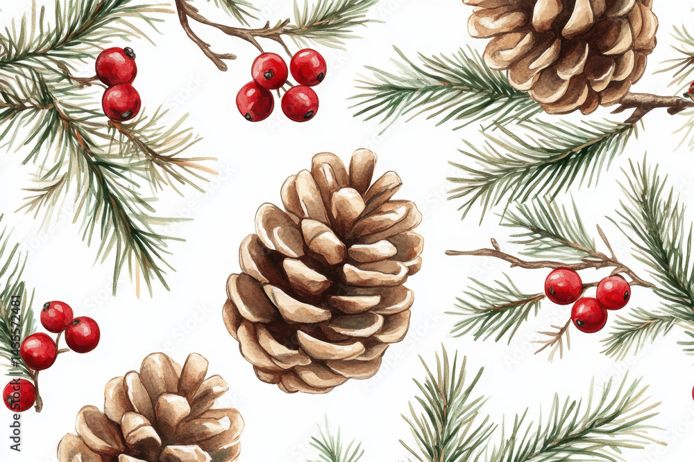 Fototapeta premium Watercolor Christmas seamless pattern featuring festive elements like pine trees, snowflakes, and ornaments. Perfect for holiday decorations and crafts.