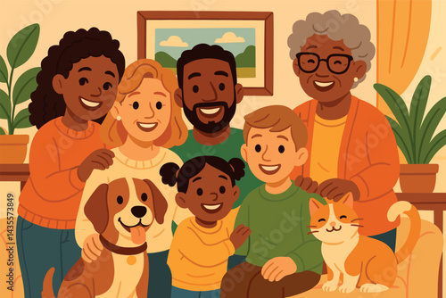 Family of people and a cat are sitting on a couch