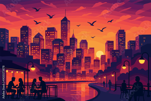 Cityscape with a river and a sunset