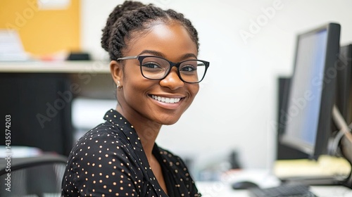 A smiling woman with curly hair and glasses sits at her desk, looking towards the camera.