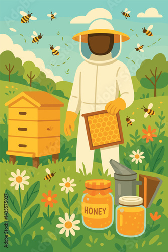 Man in a beekeeper's suit holding a honeycomb