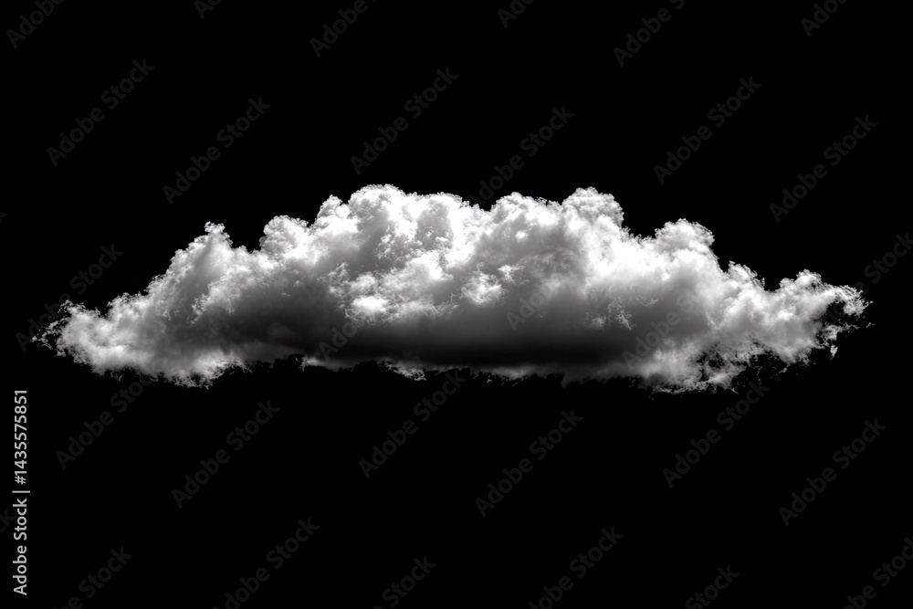 Isolated cumulus cloud against a black background. A large, fluffy, white cumulus cloud is featured against a completely black backdrop, highlighting the cloud's shape and texture. Isolated cumulus cloud against a black background. A large, fluffy, white cumulus cloud is featured against a completely black backdrop, highlighting the cloud's shape and texture.