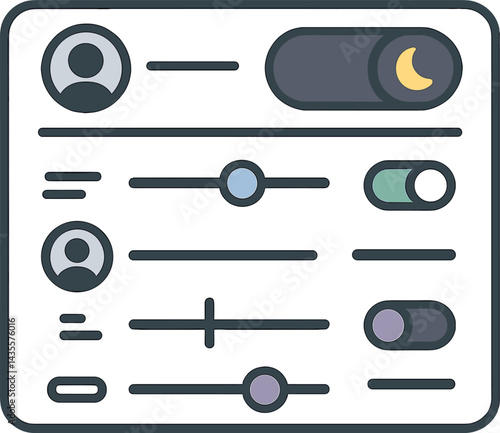 Trendy vector illustration of an app settings screen with sliders, toggles, account icons, and theme switcher. Minimal, modern vector style, no text, transparent background.