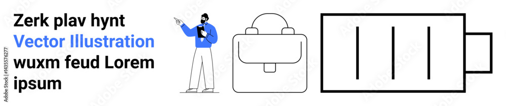 Man pointing at text with backpack and battery icons, combining learning, organization, and energy themes. Ideal for education, productivity, travel, technology, innovation energy simple landing Man pointing at text with backpack and battery icons, combining learning, organization, and energy themes. Ideal for education, productivity, travel, technology, innovation energy simple landing