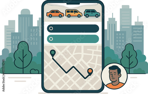 Trendy vector illustration of a ride booking app with vehicle types, pickup and drop-off fields, map route, and driver info. Urban and functional style, no text, transparent background.
