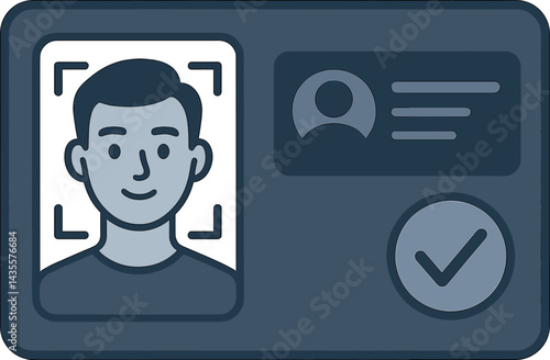 Vector illustration of a digital ID verification screen with selfie scan, ID card preview, and approval icon. Secure and modern style, no text, transparent background.