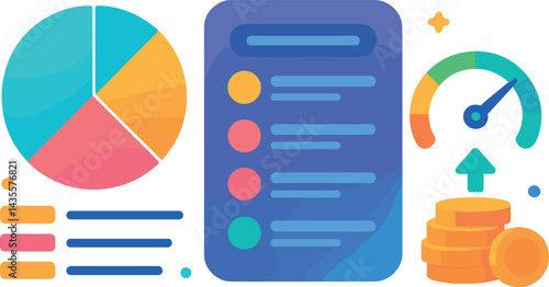Trendy vector illustration of a finance tracking dashboard with budget pie chart, expense list, and savings goal meter. Vibrant modern palette, no text, transparent background.