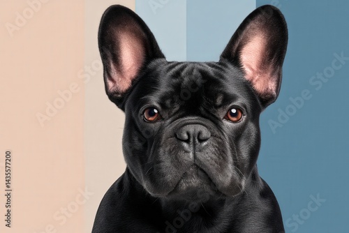 Black french bulldog with pointed ears sitting on two tone background looking forward with alert stance and muscular body in sharp high contrast visual pet portrait photo