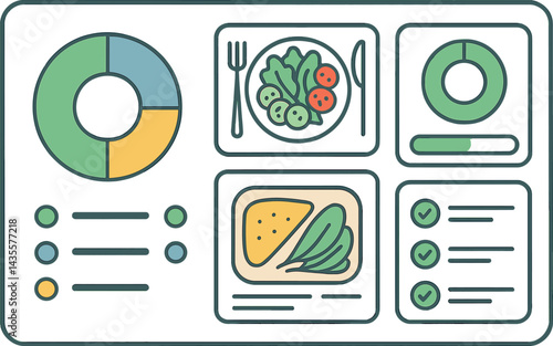 Vector illustration of a food nutrition app with macro balance chart, meal preview, calorie tracker, and food diary. Healthy and clear design, no text, transparent background